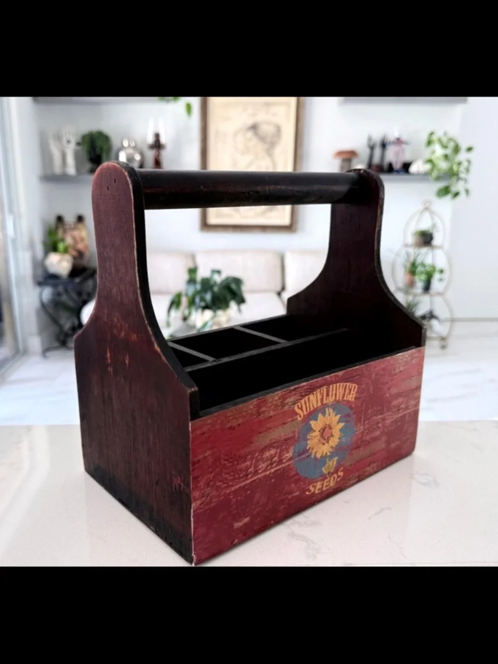 Farmhouse Wood Caddy Organizer Vintage Tomatoes Sunflower Seeds Two-Sided Box